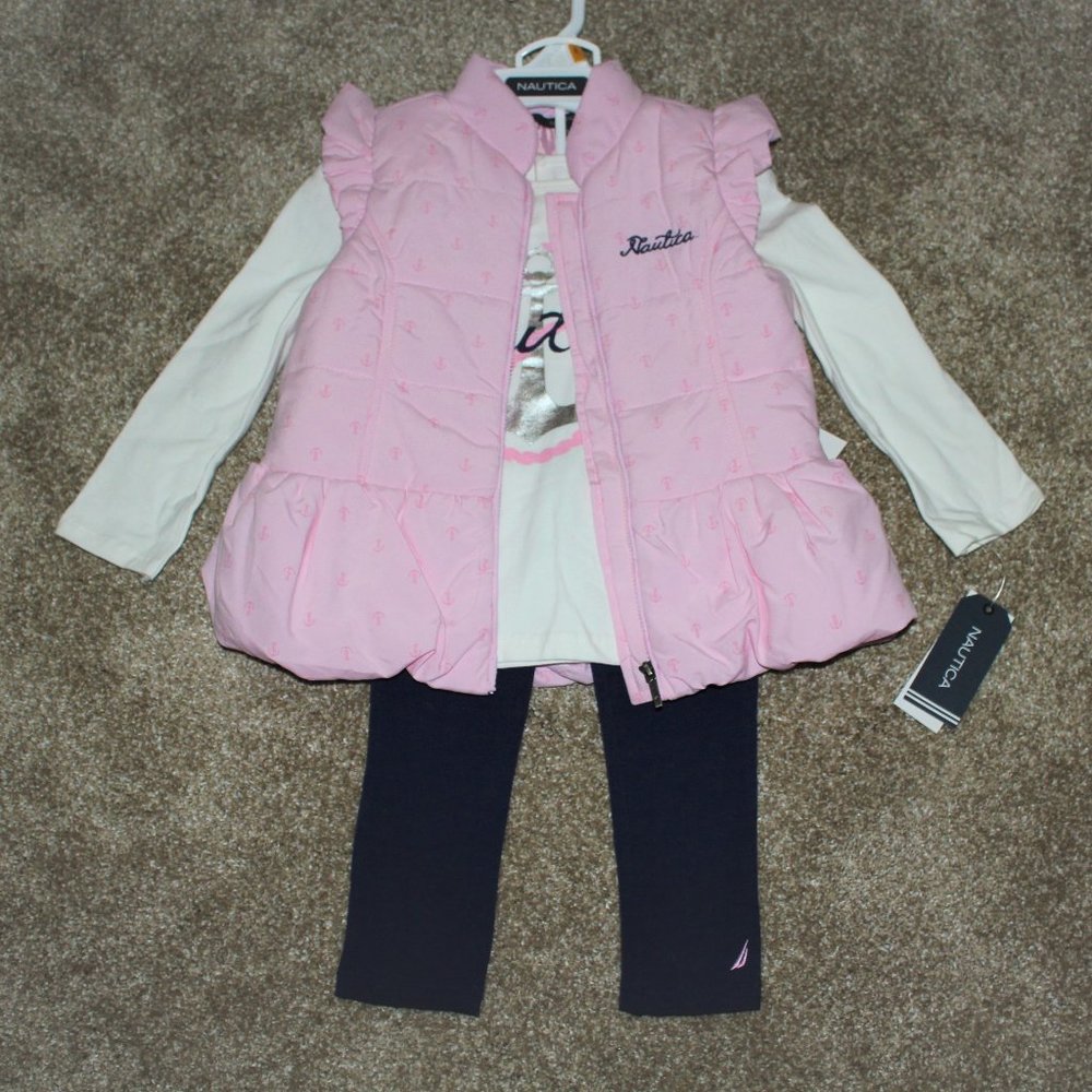 Nautica Girls Puffer Vest 3-Piece Leggings Outfit Baby Size 3-6 24 months 3T NWT - Picture 1 of 6